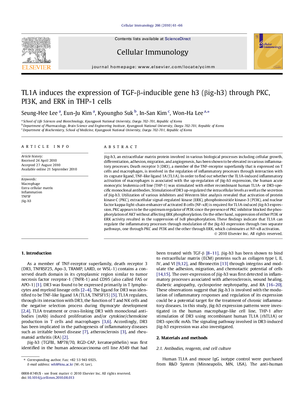 TL1A induces the expression of TGF-β-inducible gene h3 (βig-h3) through PKC, PI3K, and ERK in THP-1 cells