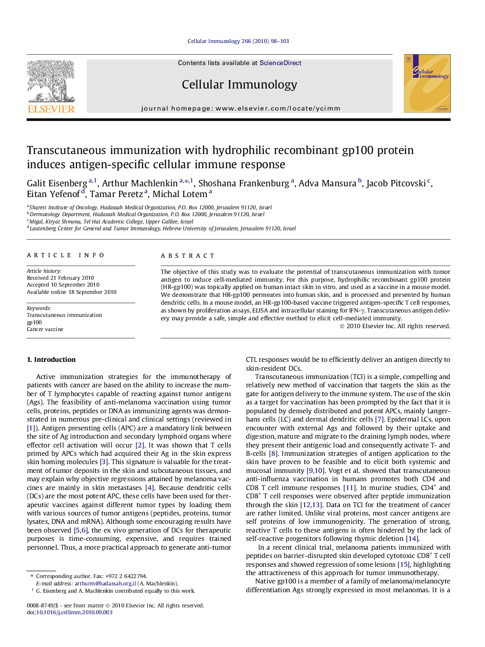 Transcutaneous immunization with hydrophilic recombinant gp100 protein induces antigen-specific cellular immune response