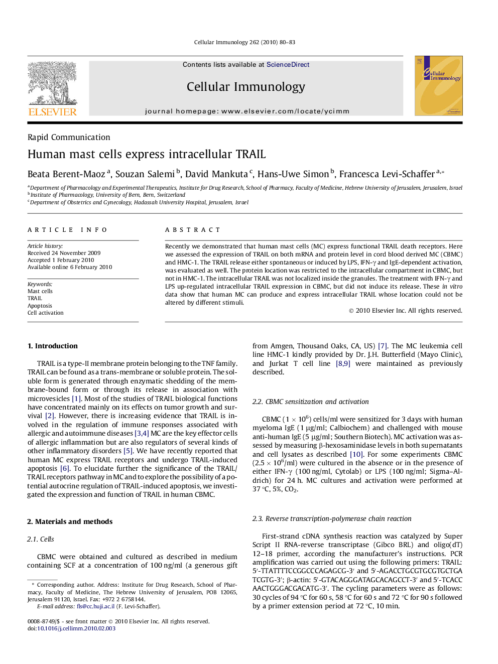 Human mast cells express intracellular TRAIL