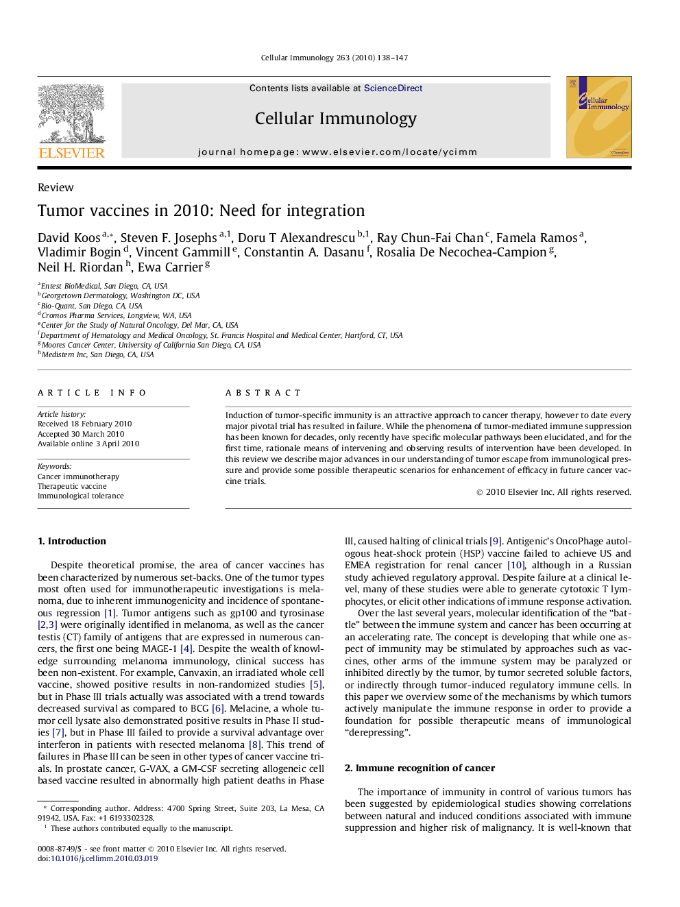 Tumor vaccines in 2010: Need for integration