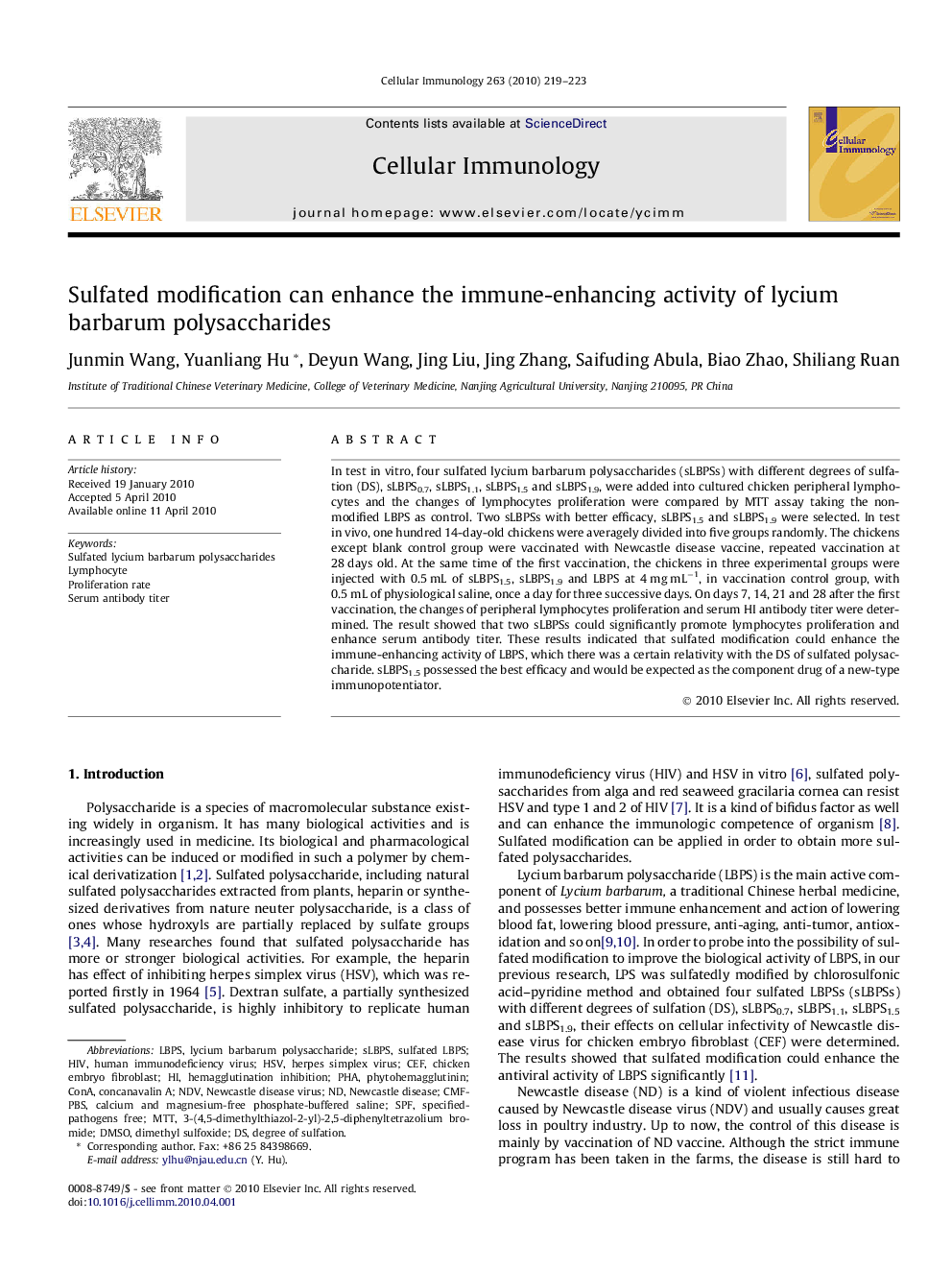 Sulfated modification can enhance the immune-enhancing activity of lycium barbarum polysaccharides