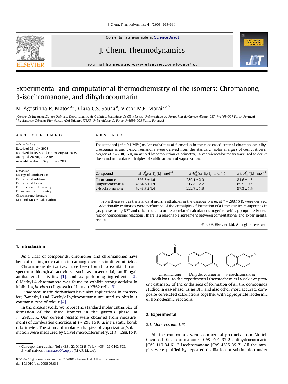 Experimental and computational thermochemistry of the isomers: Chromanone, 3-isochromanone, and dihydrocoumarin