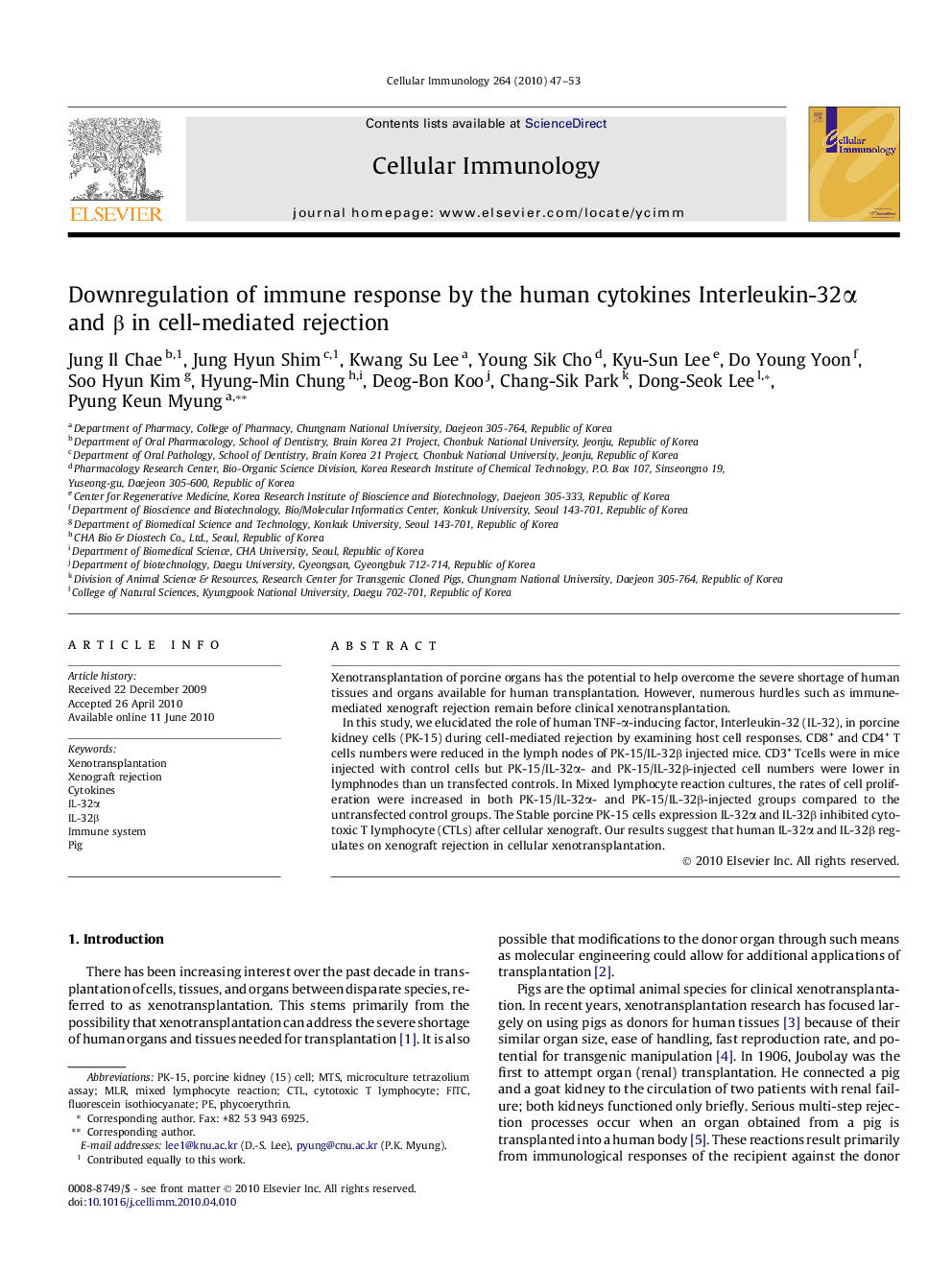 Downregulation of immune response by the human cytokines Interleukin-32α and β in cell-mediated rejection