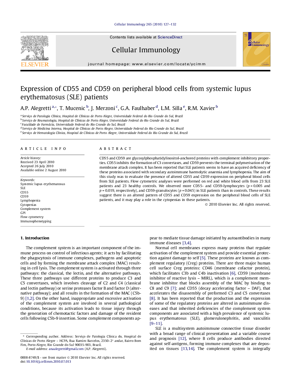 Expression of CD55 and CD59 on peripheral blood cells from systemic lupus erythematosus (SLE) patients