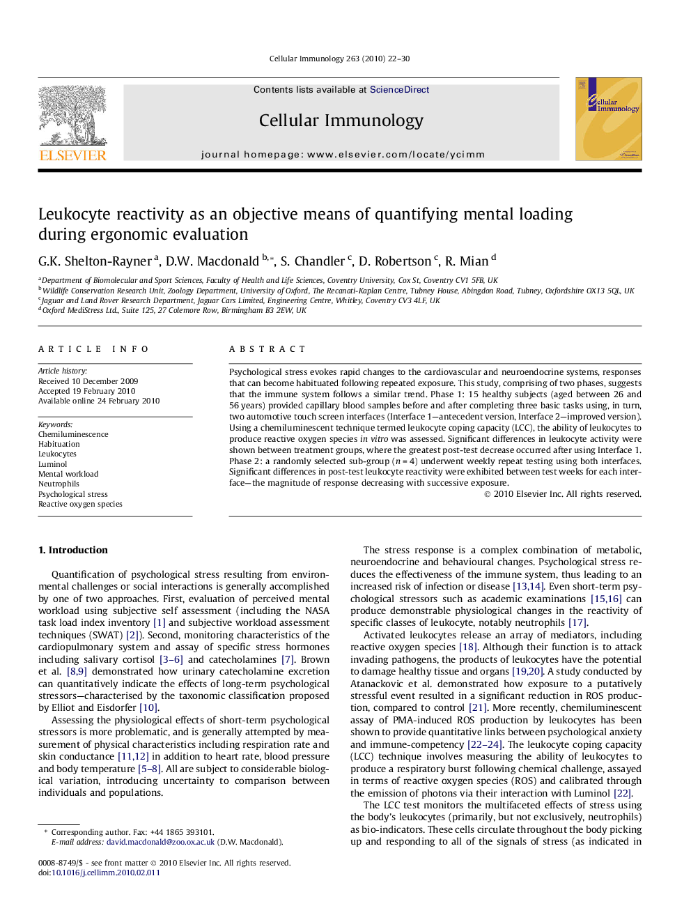 Leukocyte reactivity as an objective means of quantifying mental loading during ergonomic evaluation