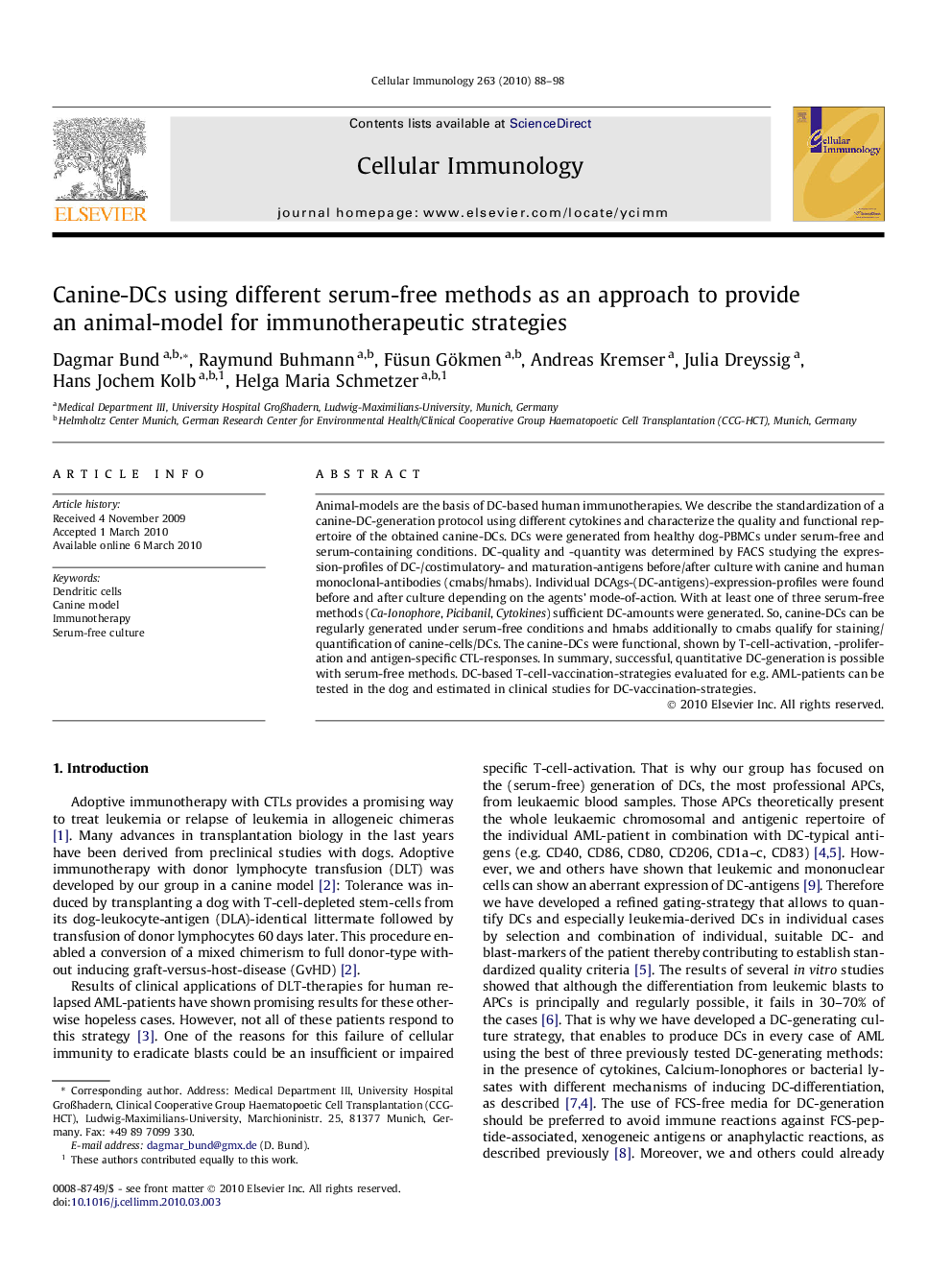 Canine-DCs using different serum-free methods as an approach to provide an animal-model for immunotherapeutic strategies