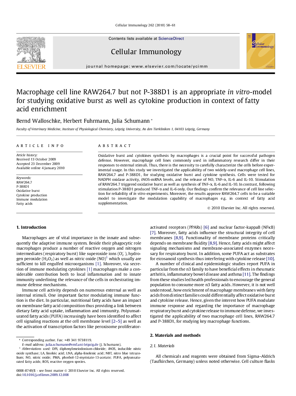 Macrophage cell line RAW264.7 but not P-388D1 is an appropriate in vitro-model for studying oxidative burst as well as cytokine production in context of fatty acid enrichment