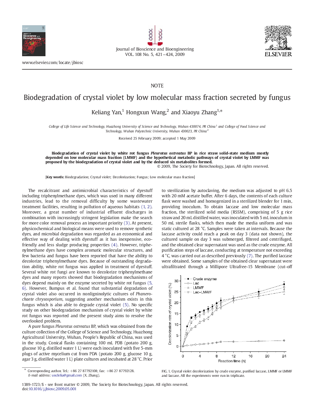 Biodegradation of crystal violet by low molecular mass fraction secreted by fungus