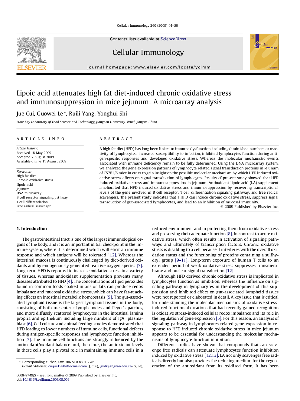 Lipoic acid attenuates high fat diet-induced chronic oxidative stress and immunosuppression in mice jejunum: A microarray analysis