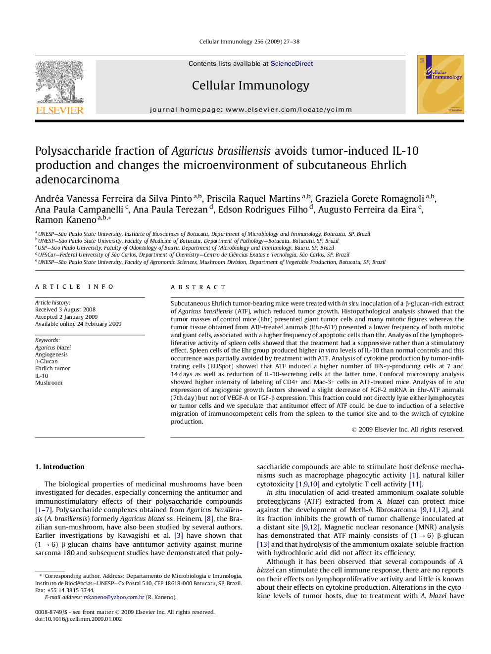 Polysaccharide fraction of Agaricus brasiliensis avoids tumor-induced IL-10 production and changes the microenvironment of subcutaneous Ehrlich adenocarcinoma