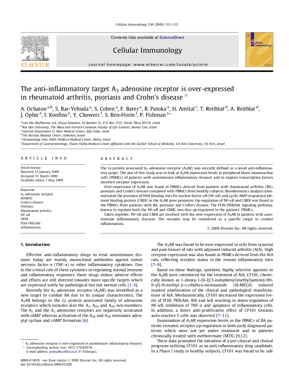 The anti-inflammatory target A3 adenosine receptor is over-expressed in rheumatoid arthritis, psoriasis and Crohn’s disease 