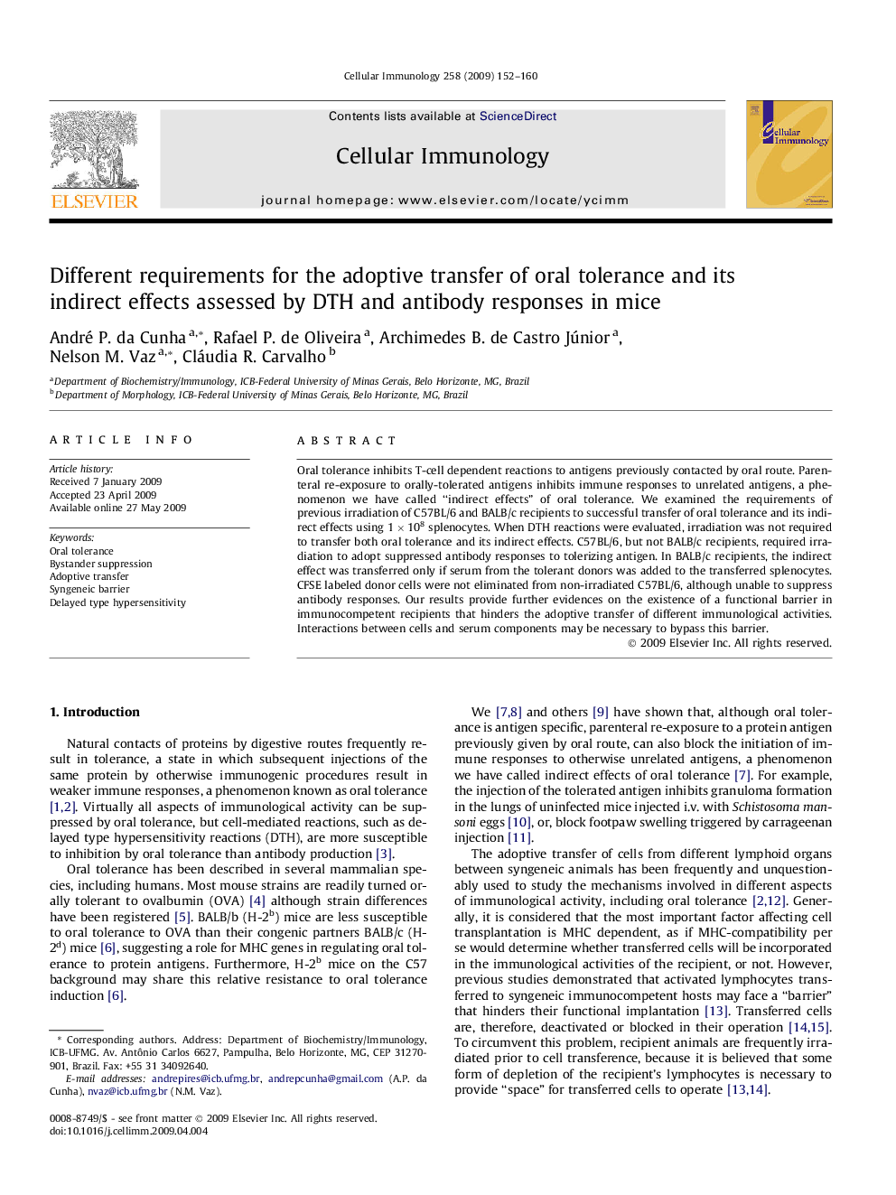 Different requirements for the adoptive transfer of oral tolerance and its indirect effects assessed by DTH and antibody responses in mice