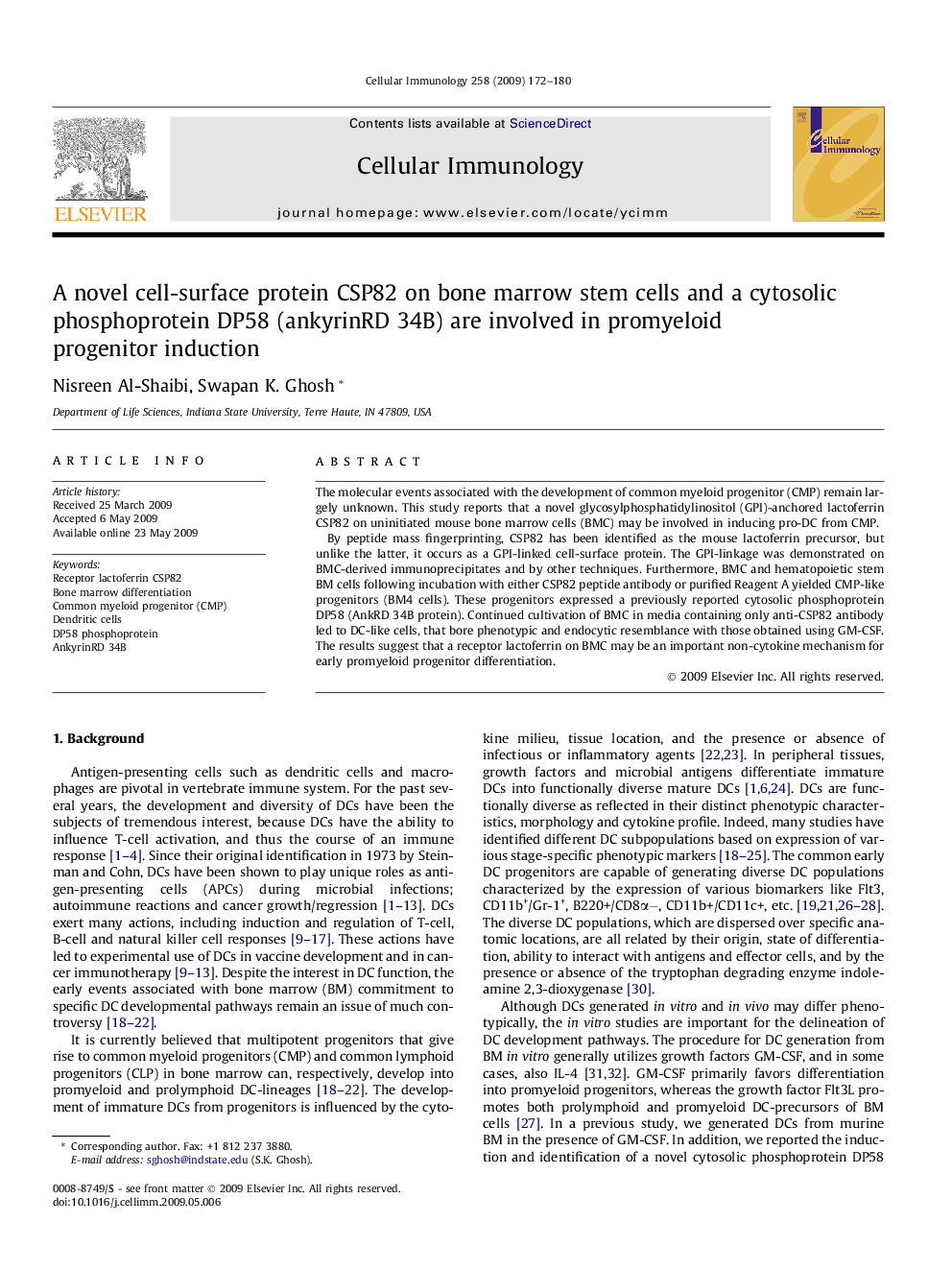 A novel cell-surface protein CSP82 on bone marrow stem cells and a cytosolic phosphoprotein DP58 (ankyrinRD 34B) are involved in promyeloid progenitor induction