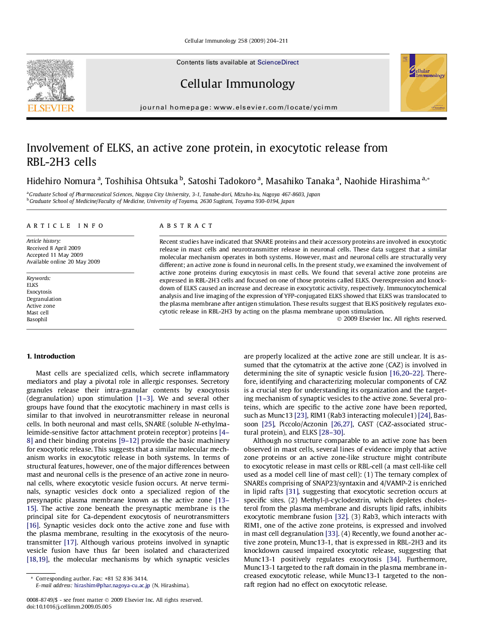 Involvement of ELKS, an active zone protein, in exocytotic release from RBL-2H3 cells