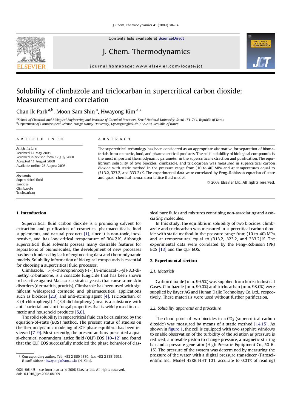 Solubility of climbazole and triclocarban in supercritical carbon dioxide: Measurement and correlation