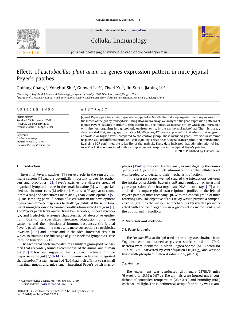 Effects of Lactobacillus plant arum on genes expression pattern in mice jejunal Peyer’s patches