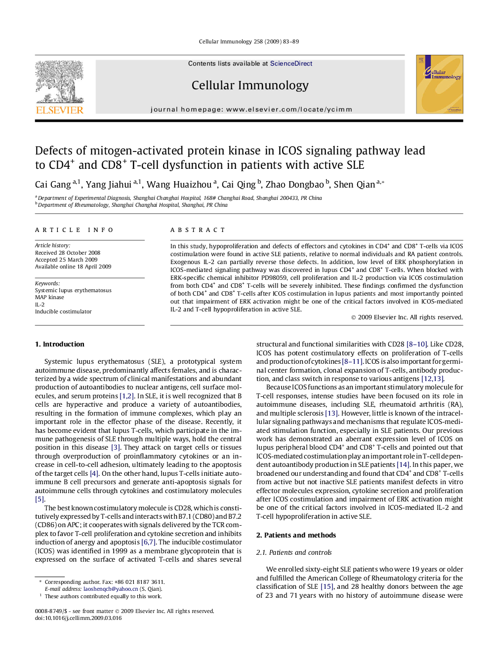 Defects of mitogen-activated protein kinase in ICOS signaling pathway lead to CD4+ and CD8+ T-cell dysfunction in patients with active SLE