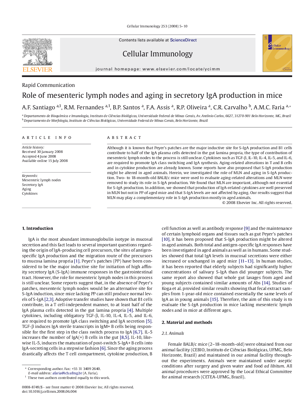 Role of mesenteric lymph nodes and aging in secretory IgA production in mice