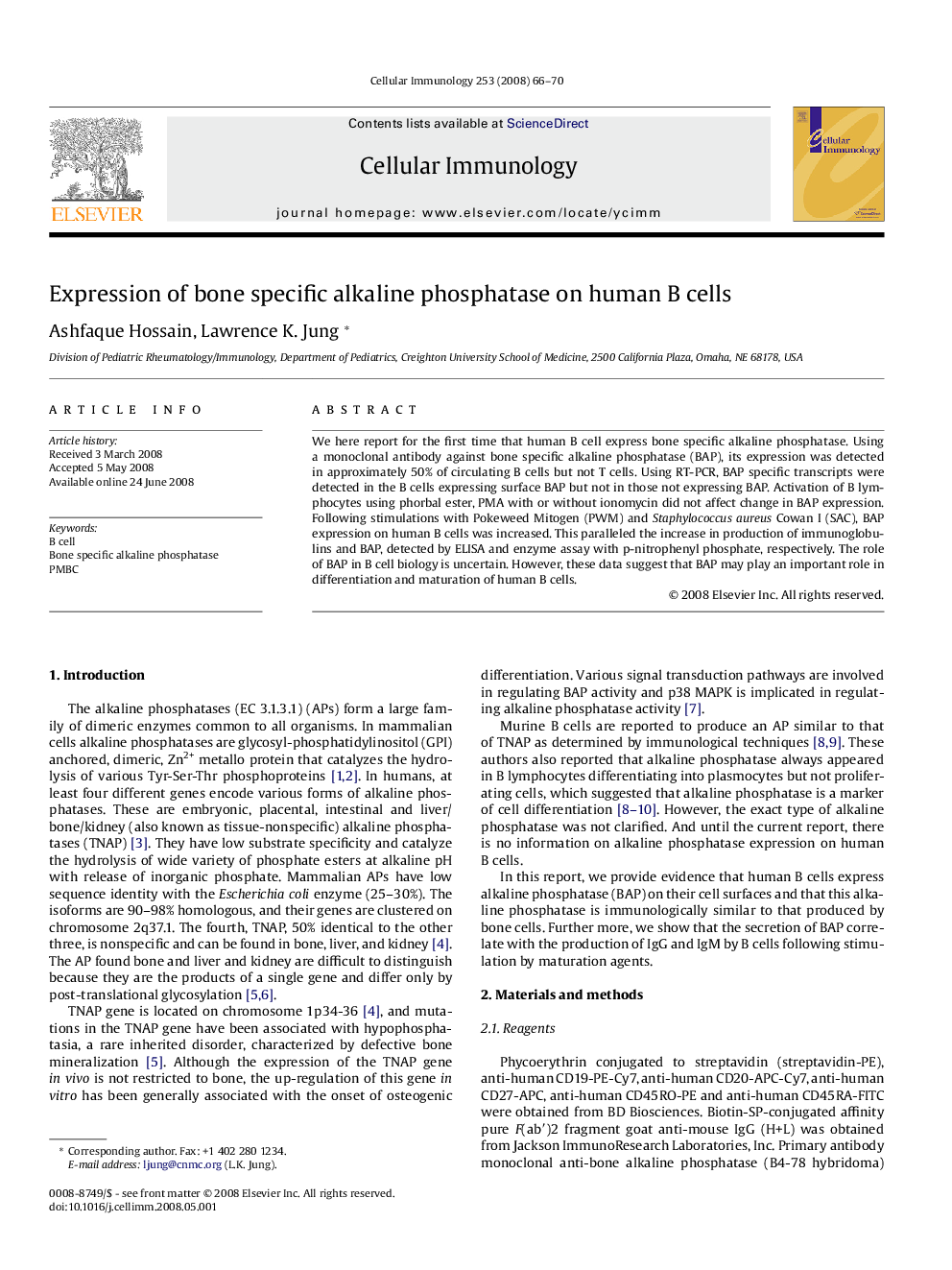 Expression of bone specific alkaline phosphatase on human B cells