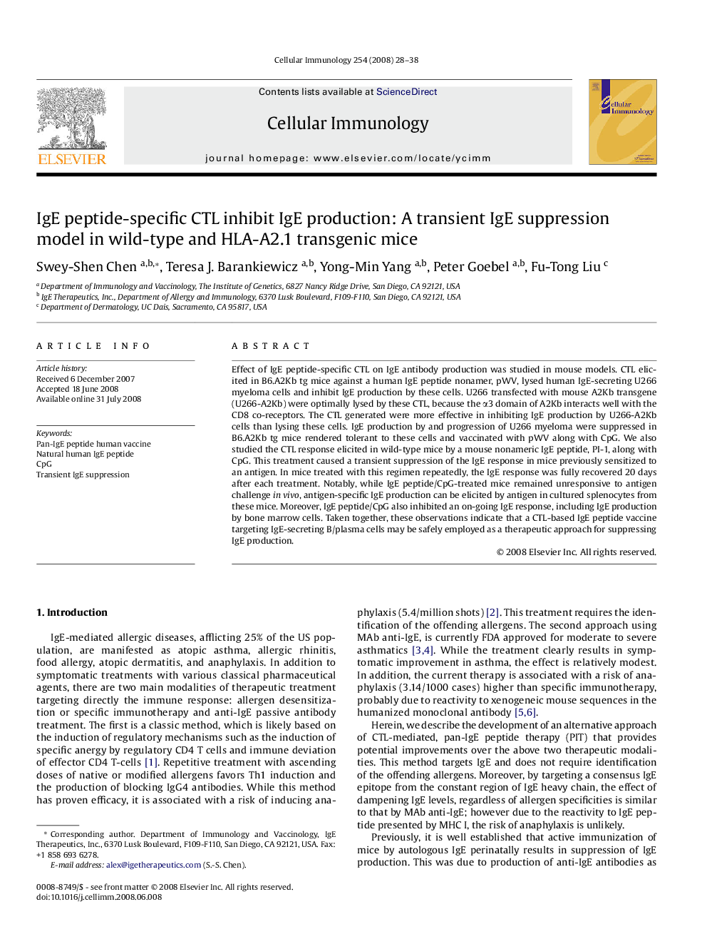 IgE peptide-specific CTL inhibit IgE production: A transient IgE suppression model in wild-type and HLA-A2.1 transgenic mice