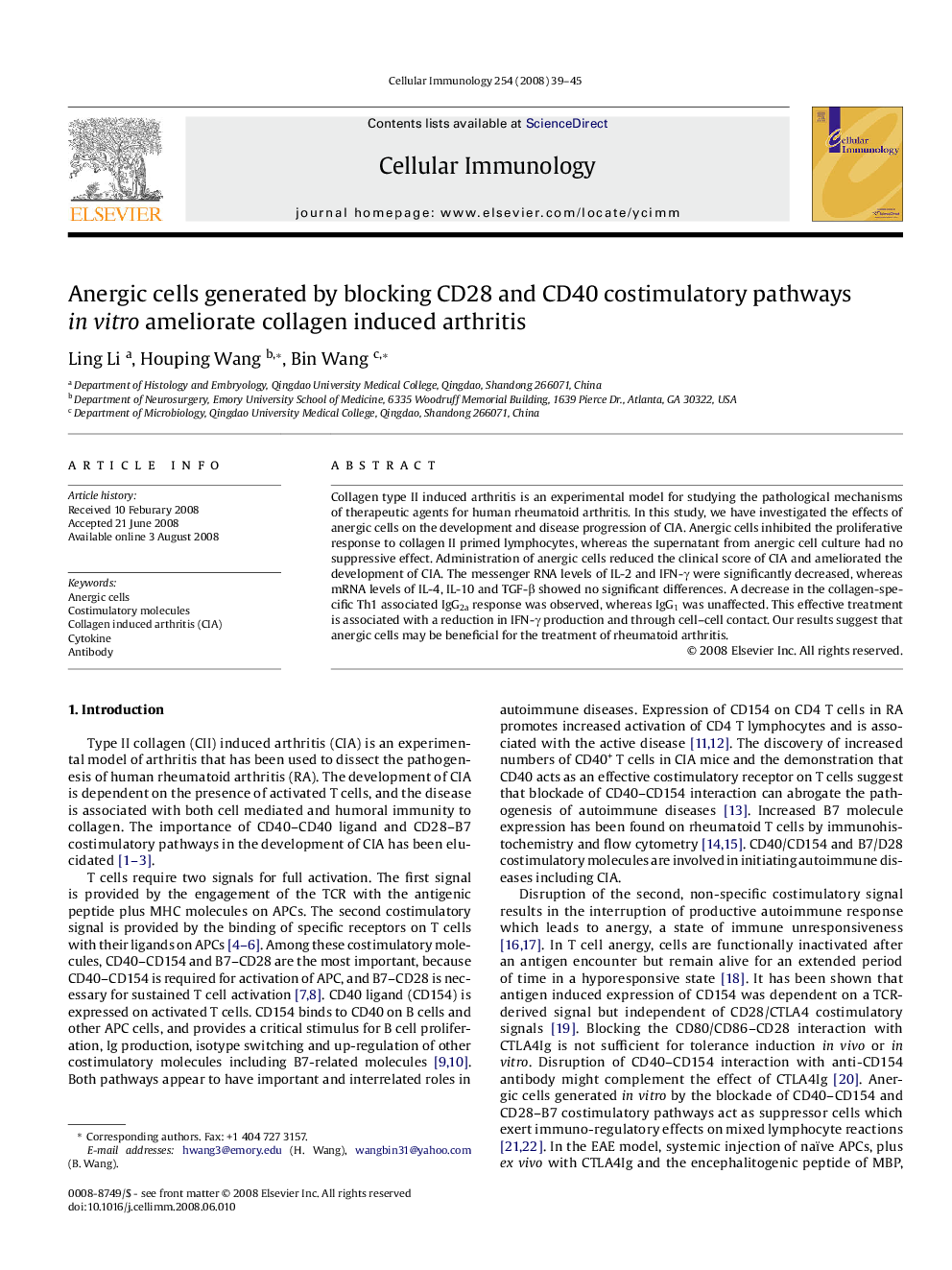 Anergic cells generated by blocking CD28 and CD40 costimulatory pathways in vitro ameliorate collagen induced arthritis