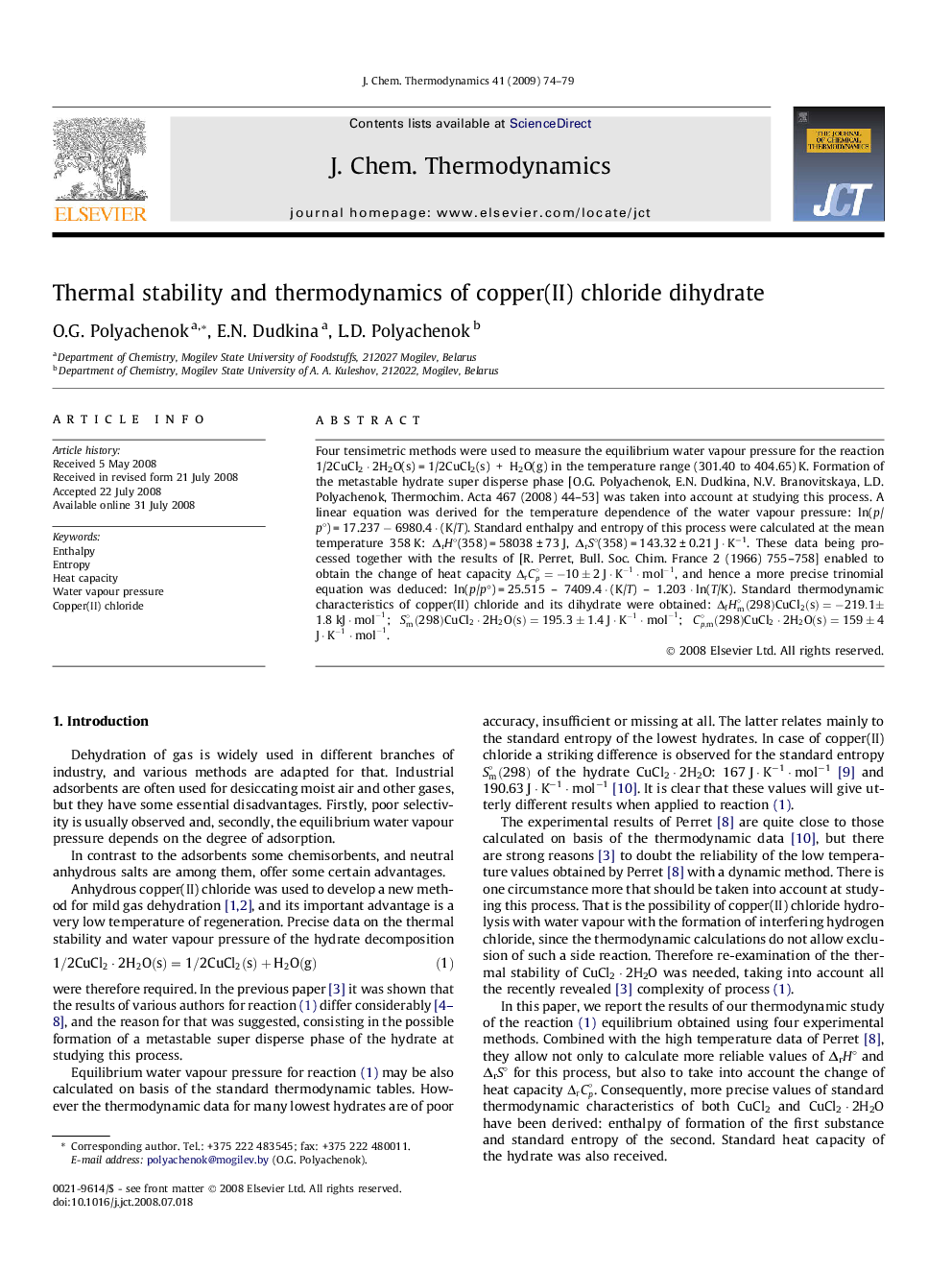 Thermal stability and thermodynamics of copper(II) chloride dihydrate