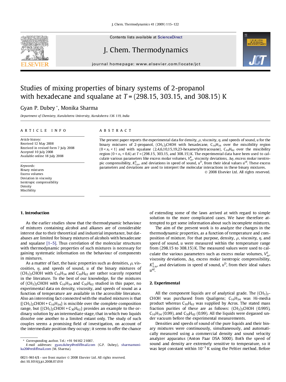 Studies of mixing properties of binary systems of 2-propanol with hexadecane and squalane at T = (298.15, 303.15, and 308.15) K