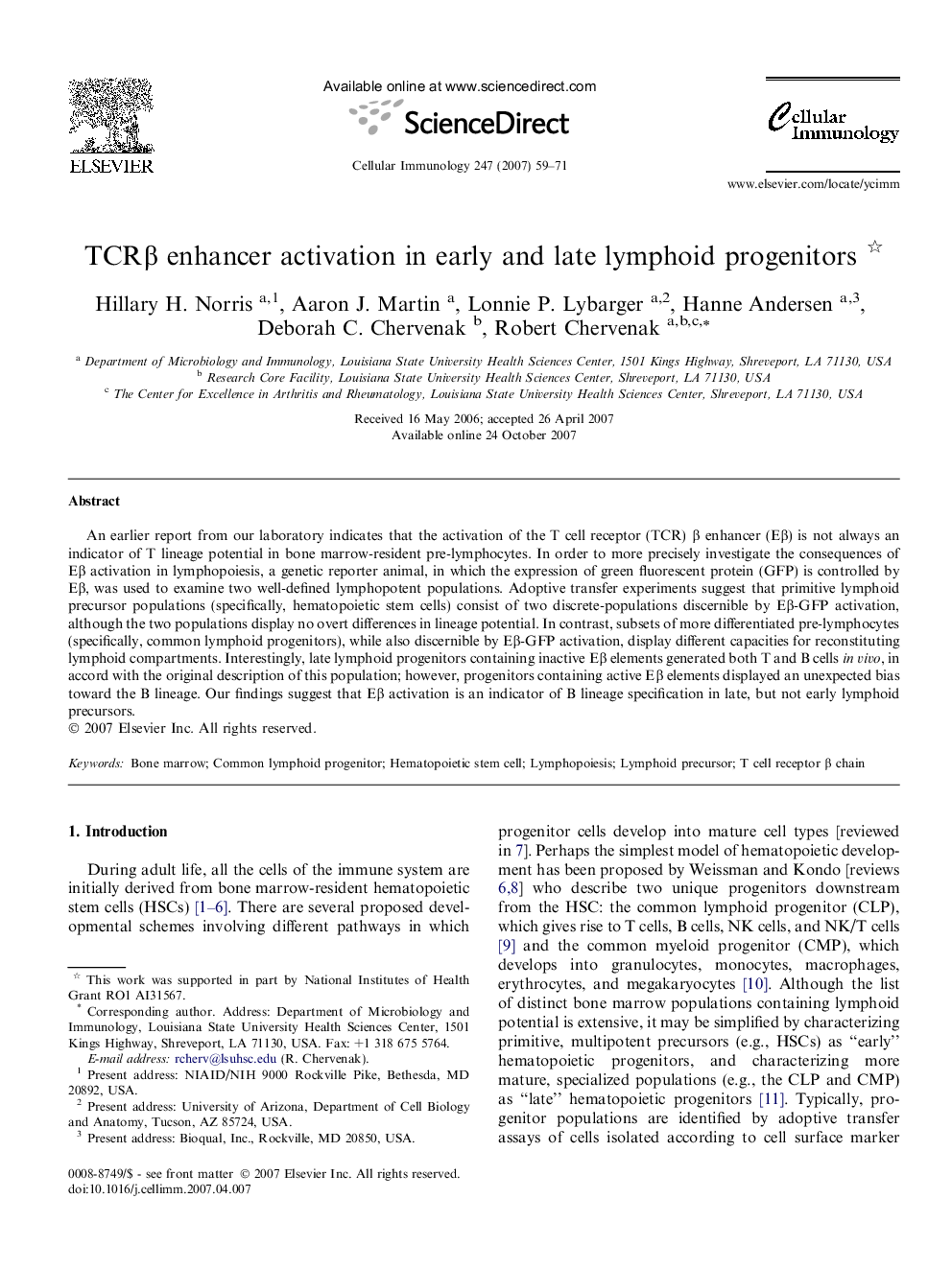 TCRÎ² enhancer activation in early and late lymphoid progenitors