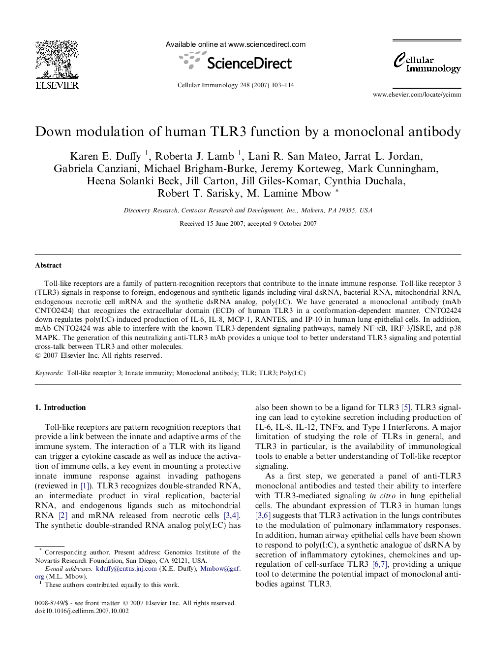 Down modulation of human TLR3 function by a monoclonal antibody