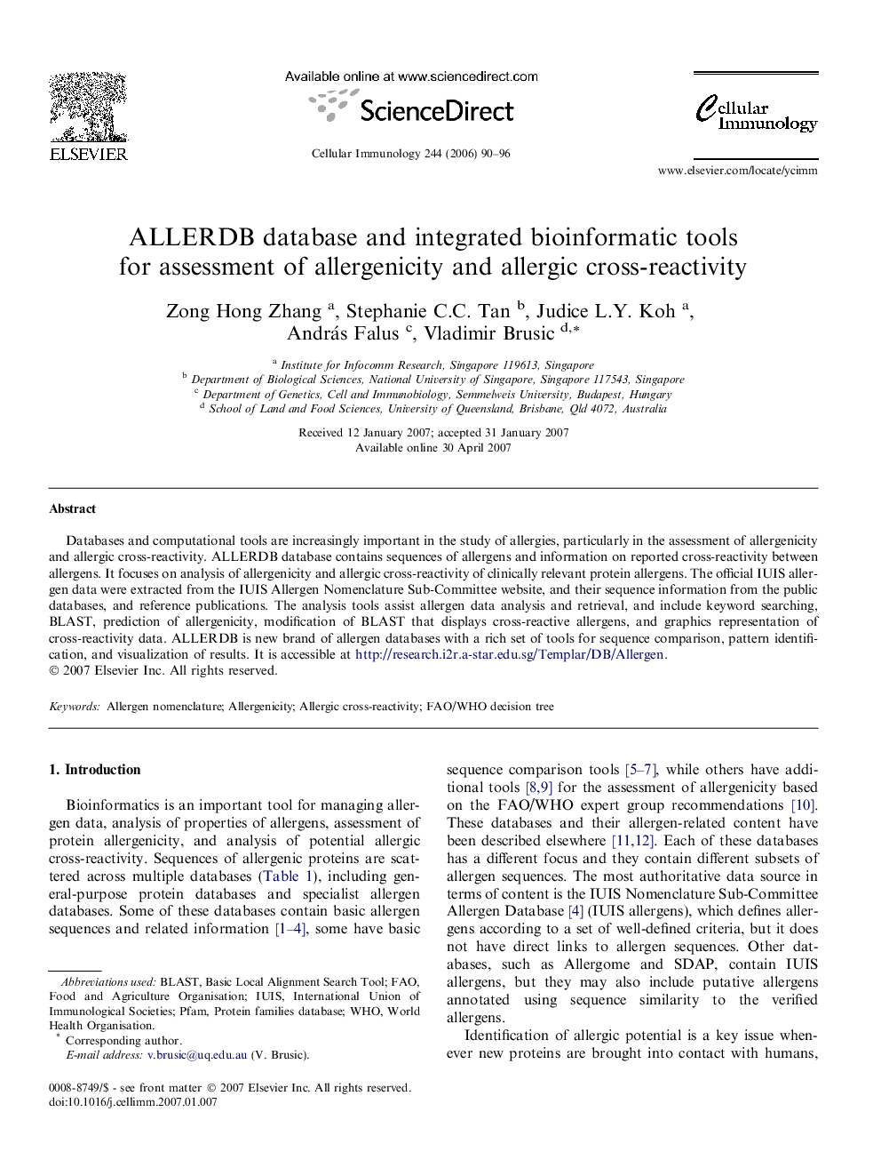 ALLERDB database and integrated bioinformatic tools for assessment of allergenicity and allergic cross-reactivity