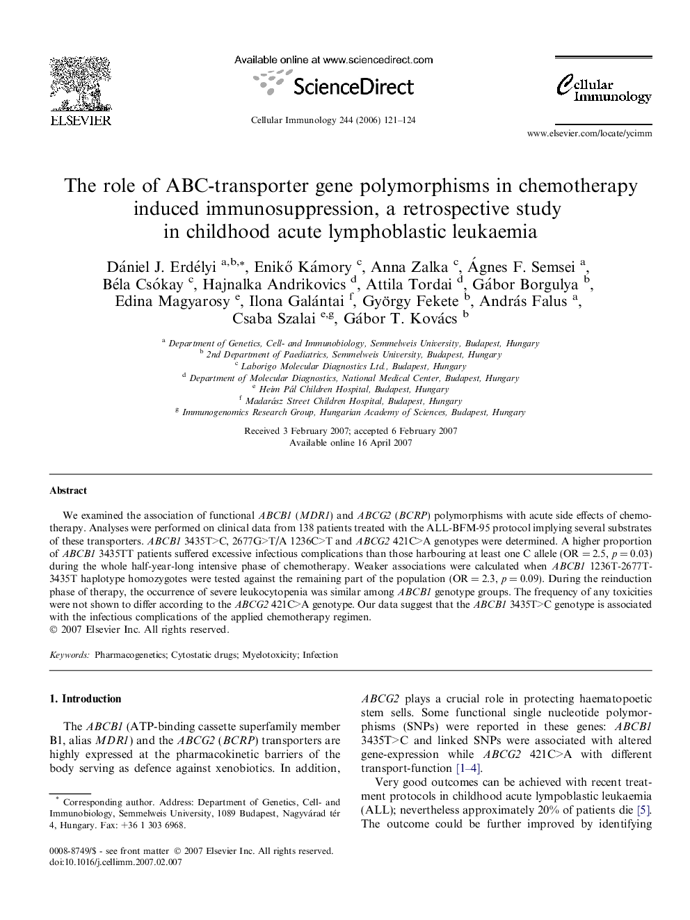 The role of ABC-transporter gene polymorphisms in chemotherapy induced immunosuppression, a retrospective study in childhood acute lymphoblastic leukaemia