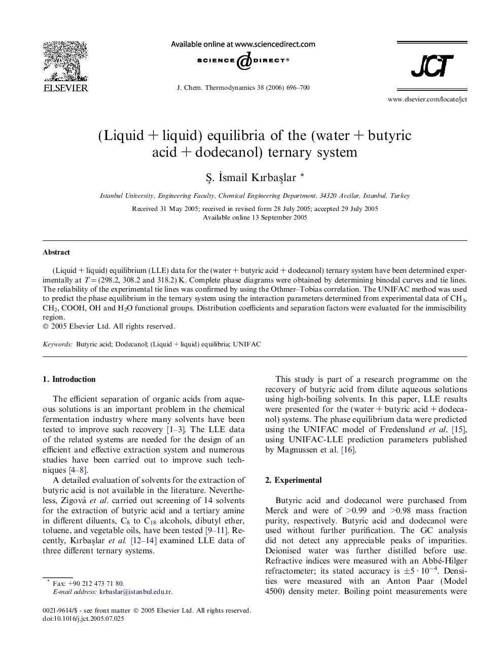 (Liquid + liquid) equilibria of the (water + butyric acid + dodecanol) ternary system