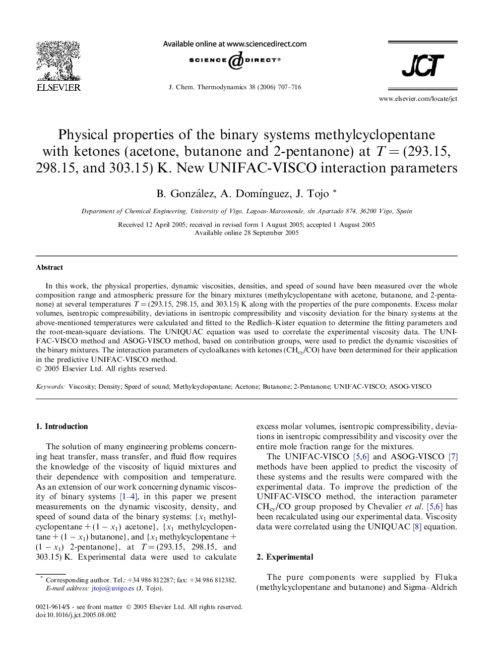 Physical properties of the binary systems methylcyclopentane with ketones (acetone, butanone and 2-pentanone) at T = (293.15, 298.15, and 303.15) K. New UNIFAC-VISCO interaction parameters