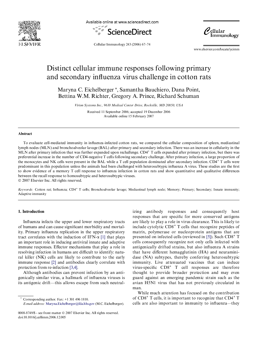 Distinct cellular immune responses following primary and secondary influenza virus challenge in cotton rats