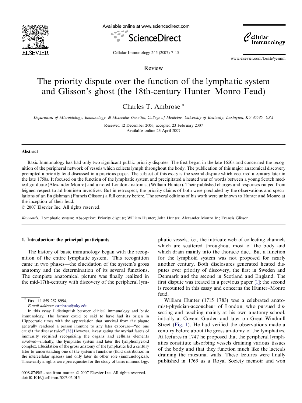 The priority dispute over the function of the lymphatic system and Glisson’s ghost (the 18th-century Hunter–Monro Feud)