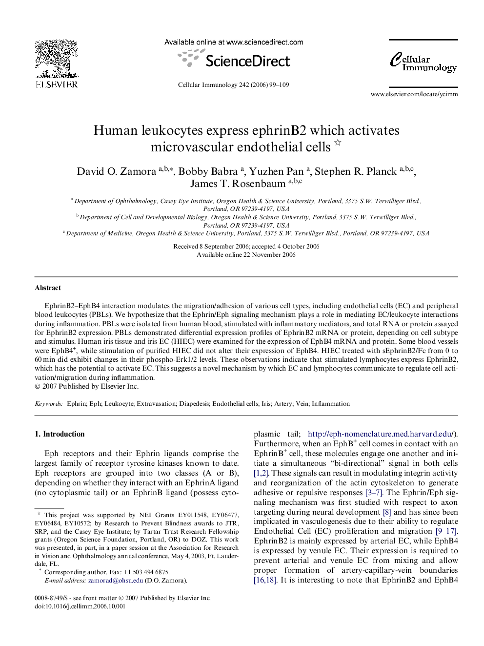 Human leukocytes express ephrinB2 which activates microvascular endothelial cells