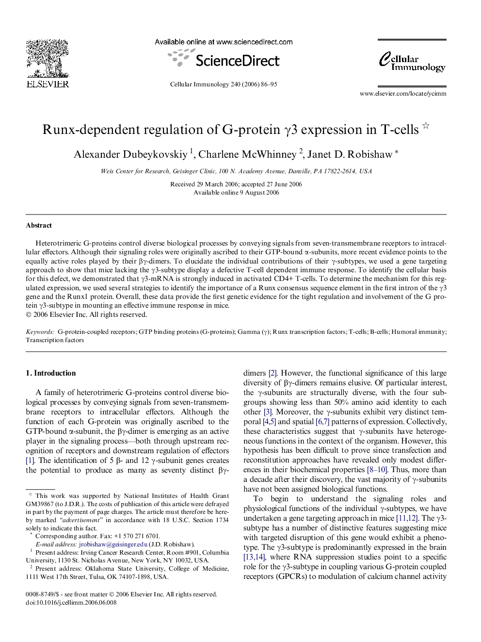 Runx-dependent regulation of G-protein γ3 expression in T-cells 