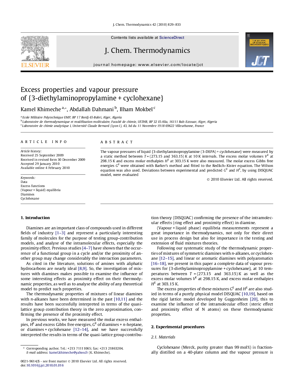 Excess properties and vapour pressure of {3-diethylaminopropylamine + cyclohexane}