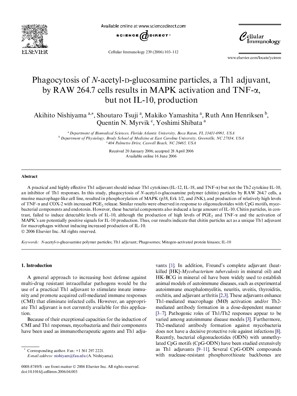 Phagocytosis of N-acetyl-d-glucosamine particles, a Th1 adjuvant, by RAW 264.7 cells results in MAPK activation and TNF-α, but not IL-10, production