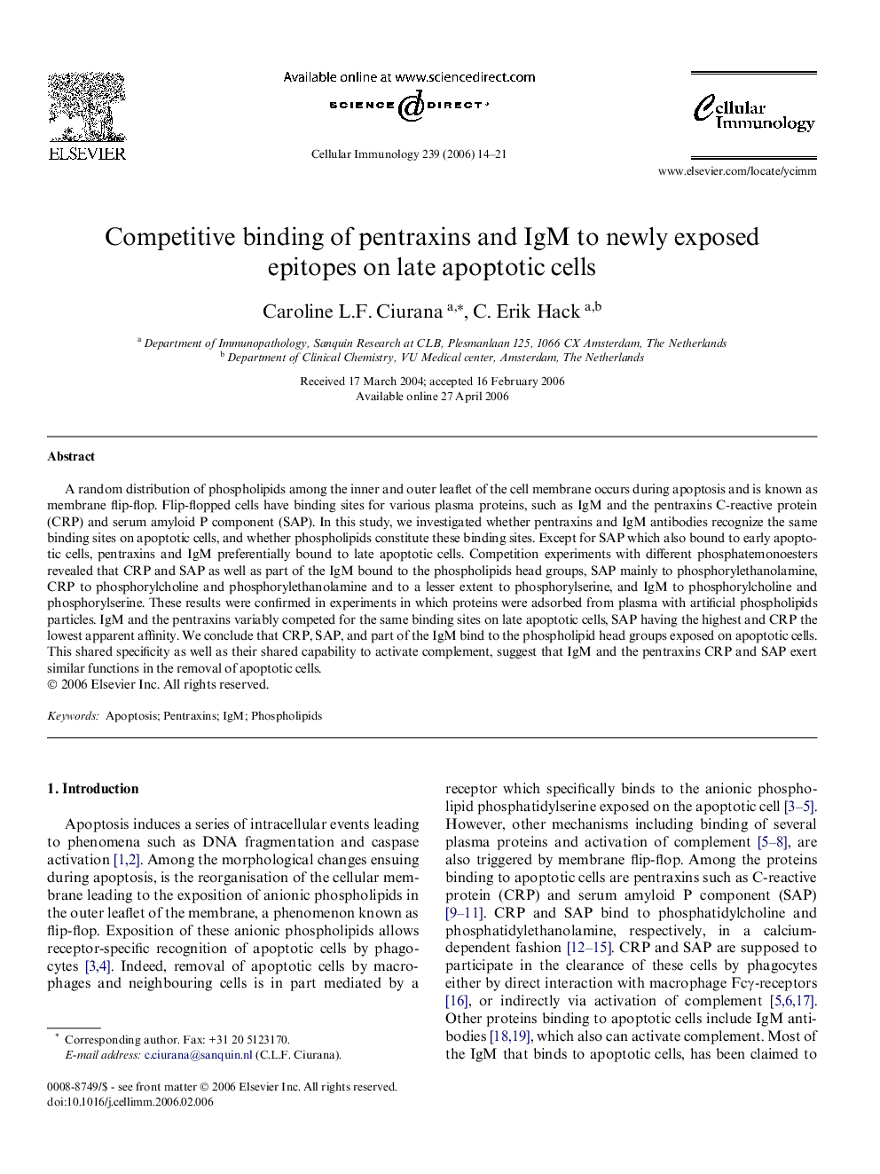 Competitive binding of pentraxins and IgM to newly exposed epitopes on late apoptotic cells