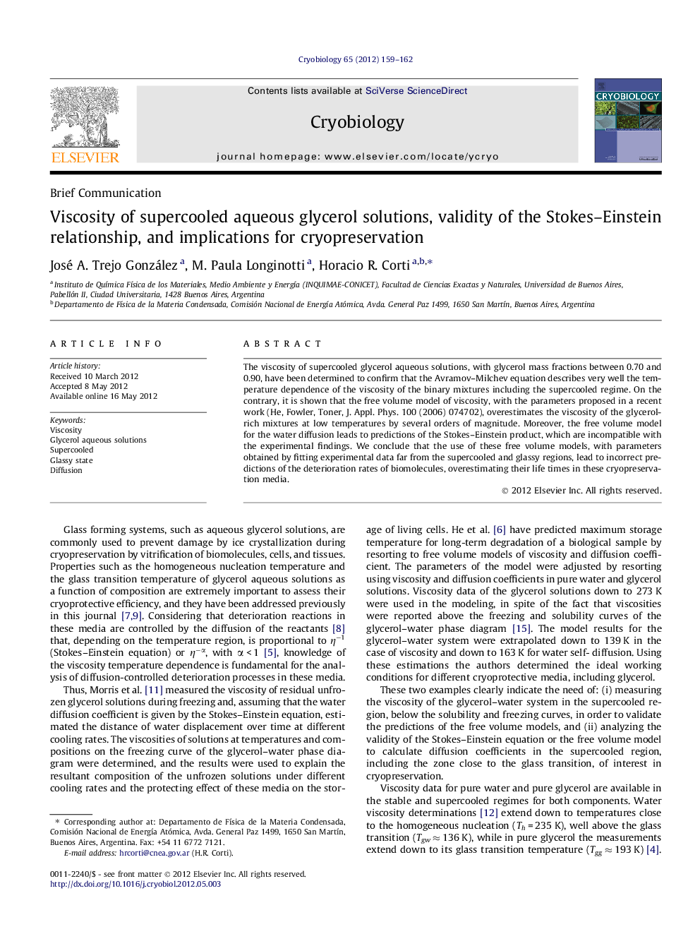 Viscosity of supercooled aqueous glycerol solutions, validity of the Stokes–Einstein relationship, and implications for cryopreservation