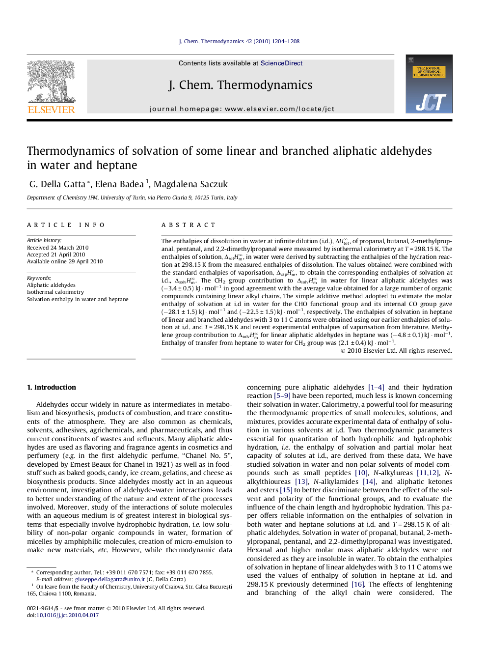 Thermodynamics of solvation of some linear and branched aliphatic aldehydes in water and heptane