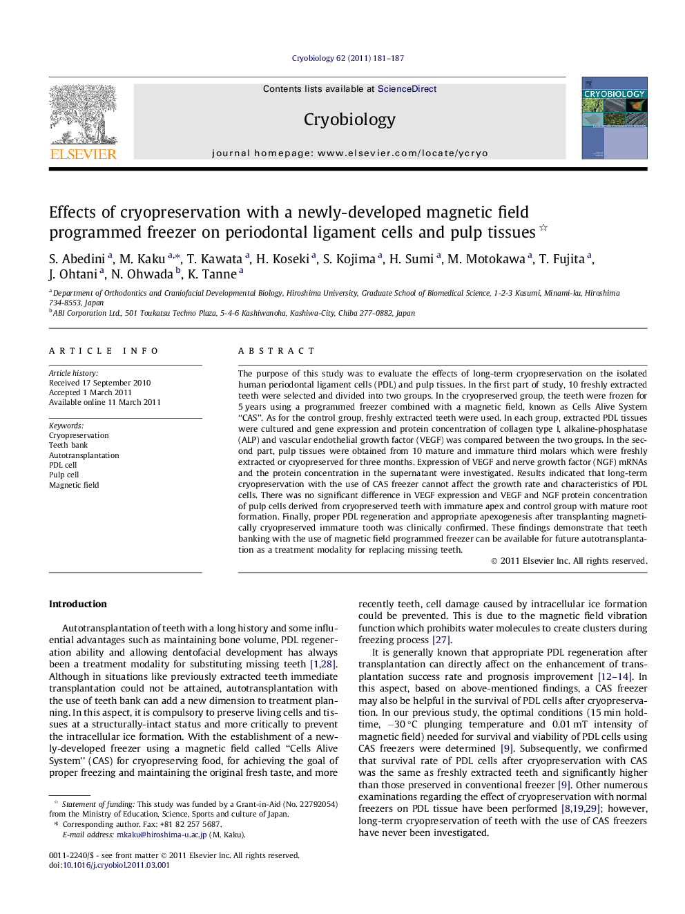 Effects of cryopreservation with a newly-developed magnetic field programmed freezer on periodontal ligament cells and pulp tissues 