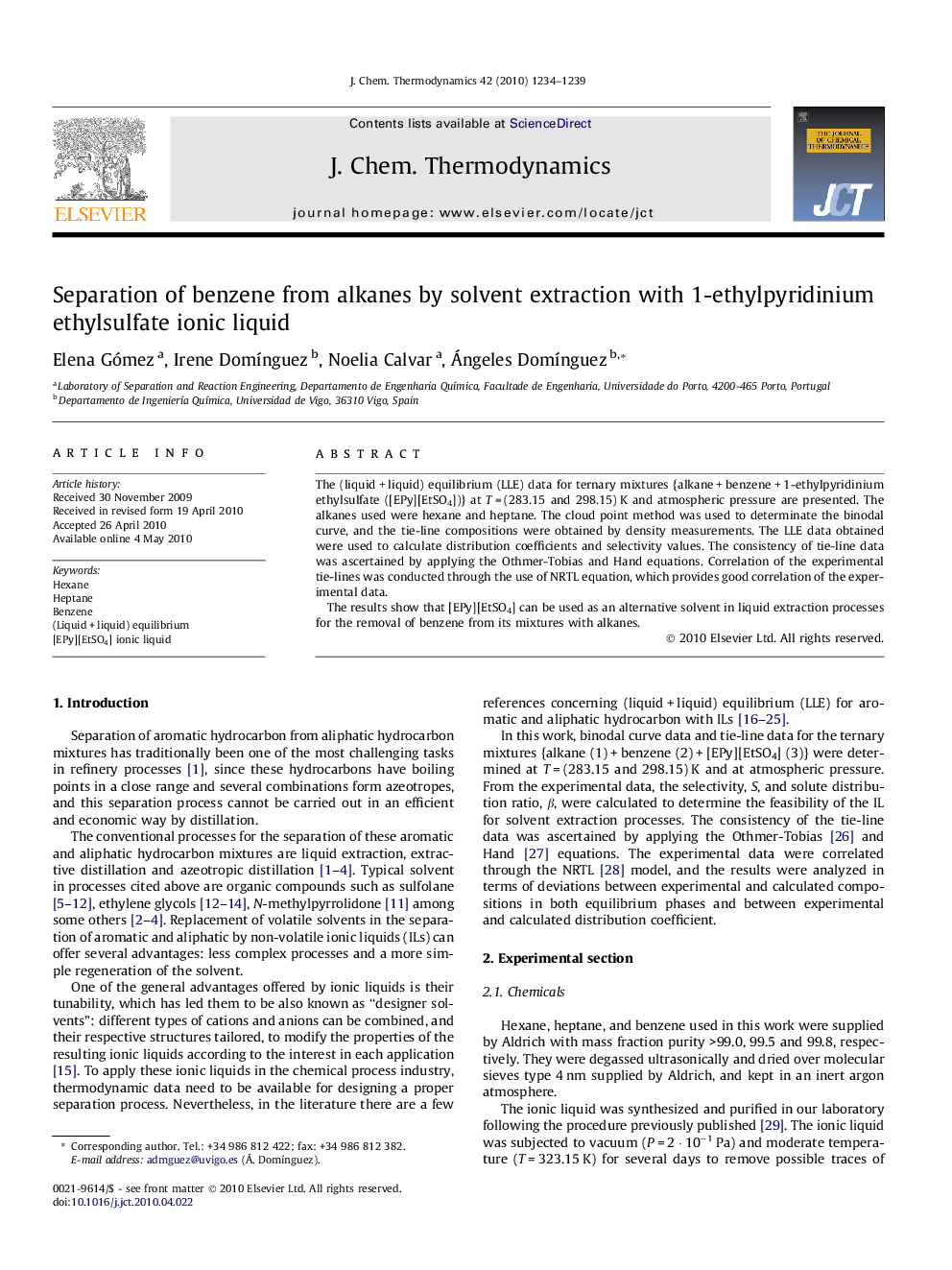 Separation of benzene from alkanes by solvent extraction with 1-ethylpyridinium ethylsulfate ionic liquid