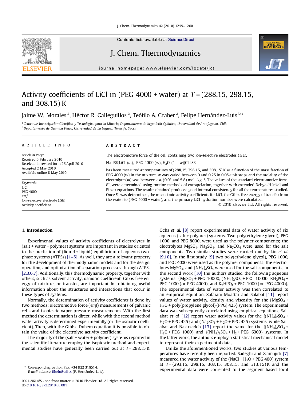 Activity coefficients of LiCl in (PEG 4000 + water) at T = (288.15, 298.15, and 308.15) K