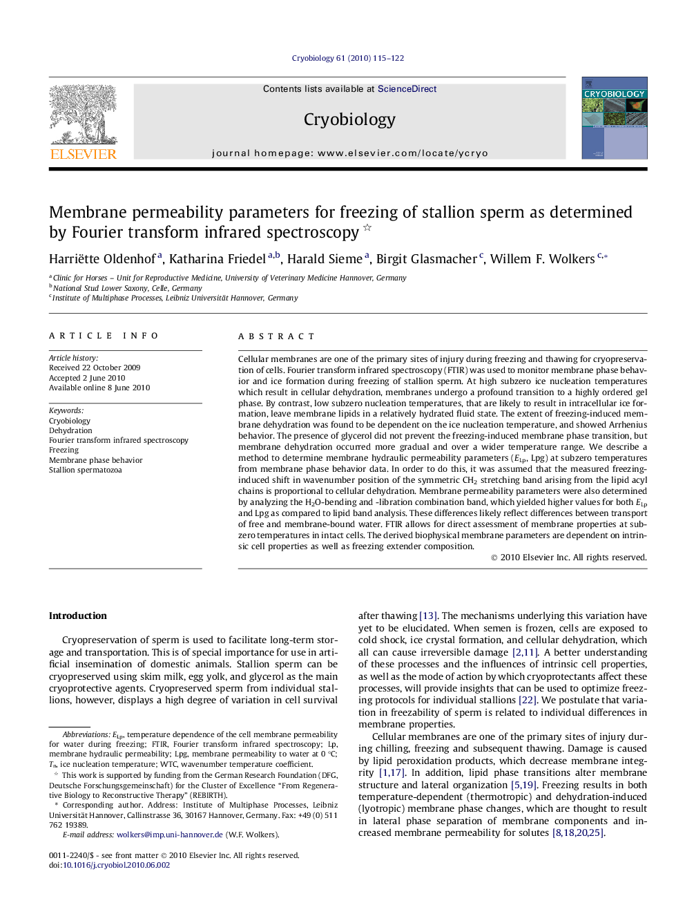 Membrane permeability parameters for freezing of stallion sperm as determined by Fourier transform infrared spectroscopy 