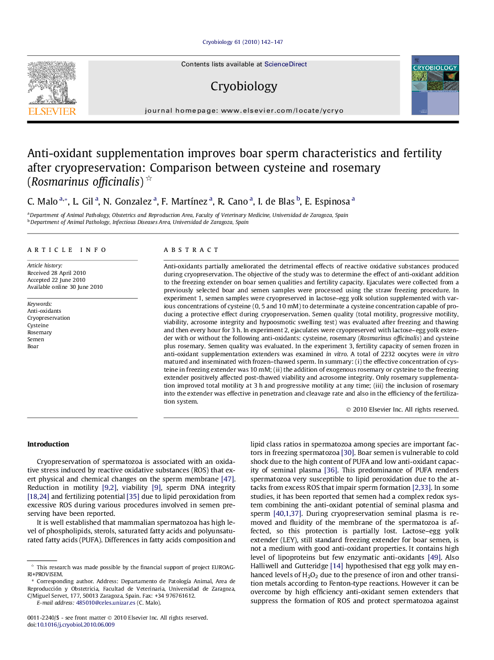 Anti-oxidant supplementation improves boar sperm characteristics and fertility after cryopreservation: Comparison between cysteine and rosemary (Rosmarinus officinalis) 