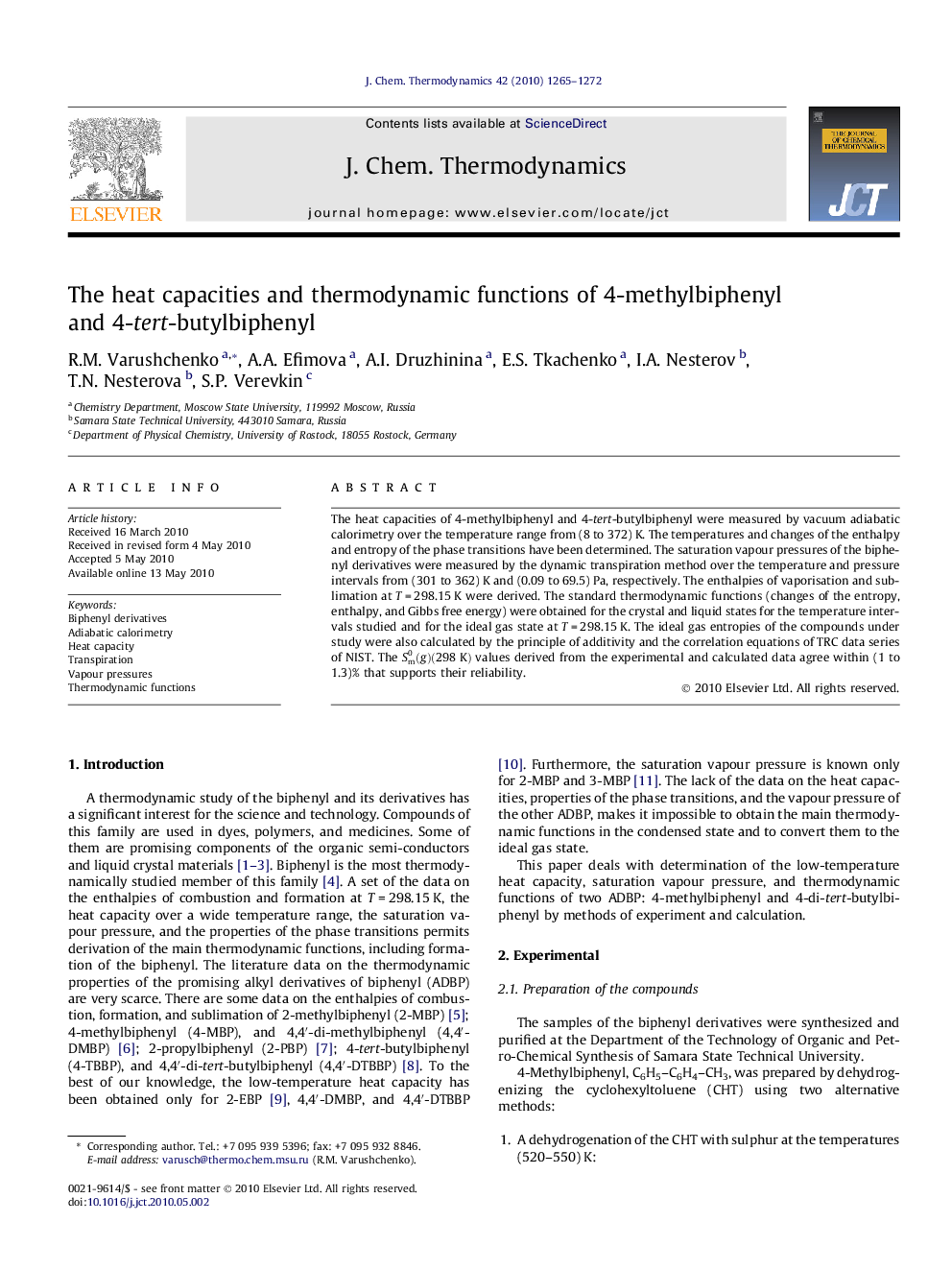 The heat capacities and thermodynamic functions of 4-methylbiphenyl and 4-tert-butylbiphenyl