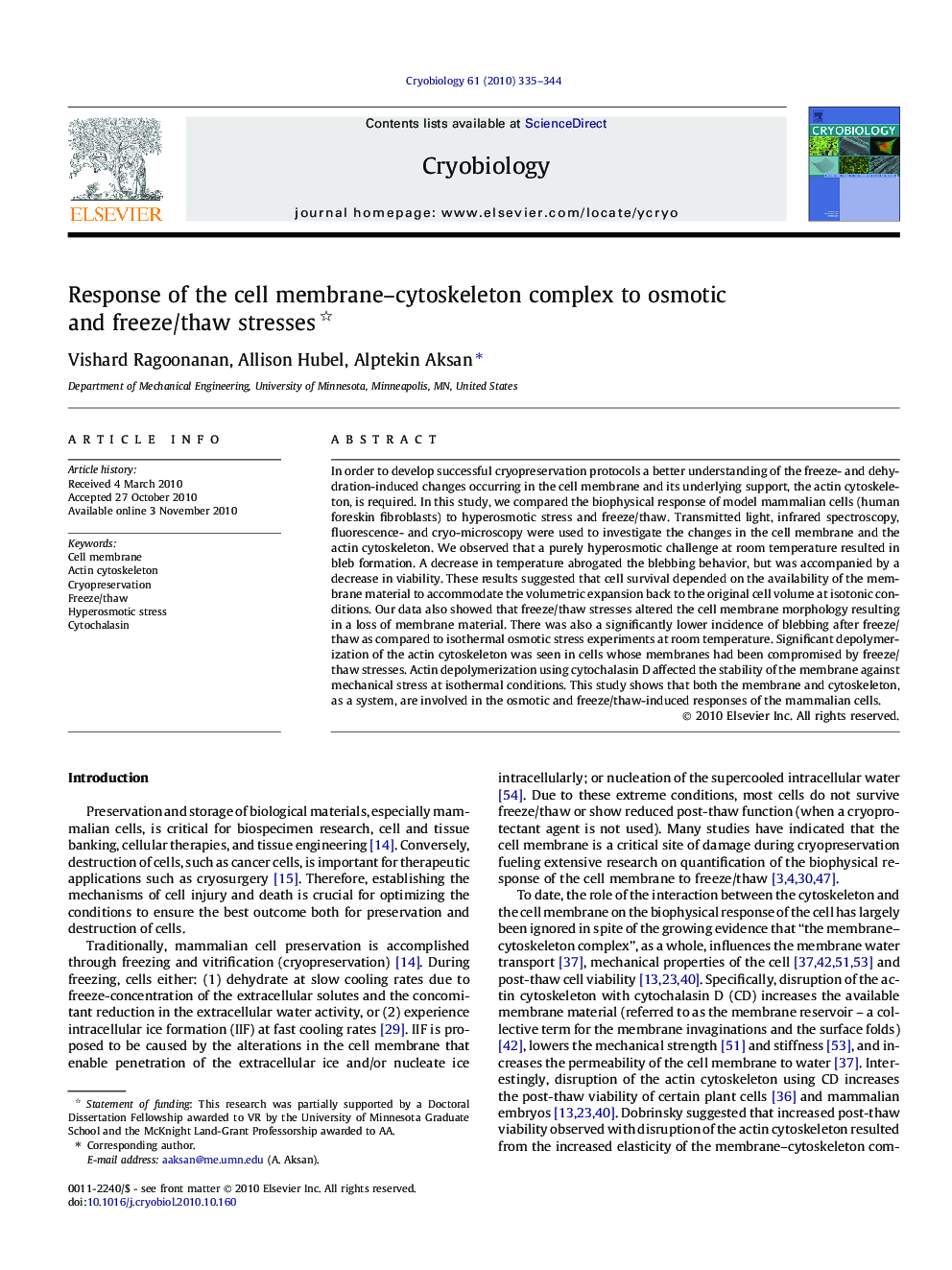 Response of the cell membrane–cytoskeleton complex to osmotic and freeze/thaw stresses 