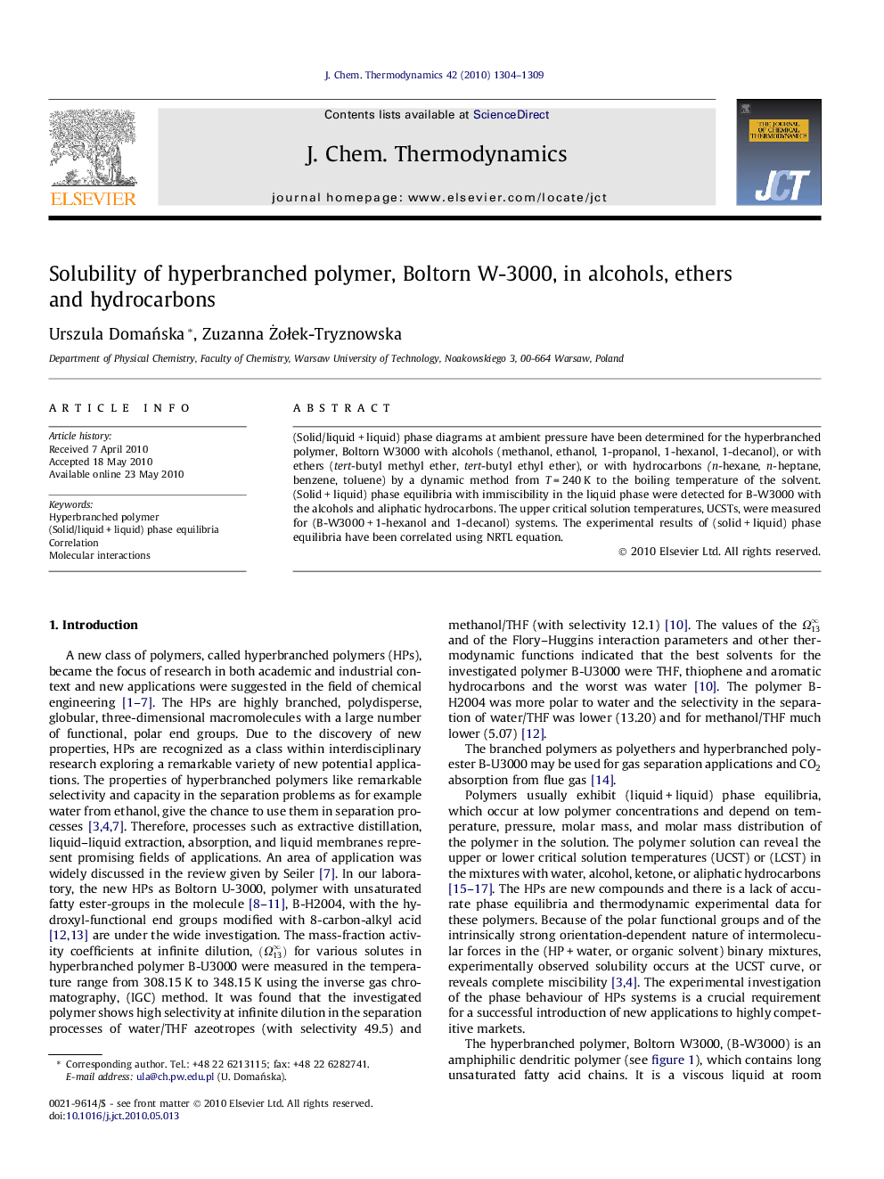 Solubility of hyperbranched polymer, Boltorn W-3000, in alcohols, ethers and hydrocarbons